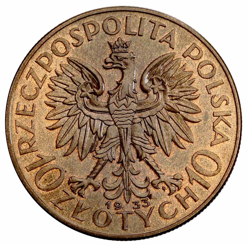 II RP 10 złotych 1933, głowa kobiety, PRÓBA, brąz z kolekcji Włodzimierza Głuchowskiego